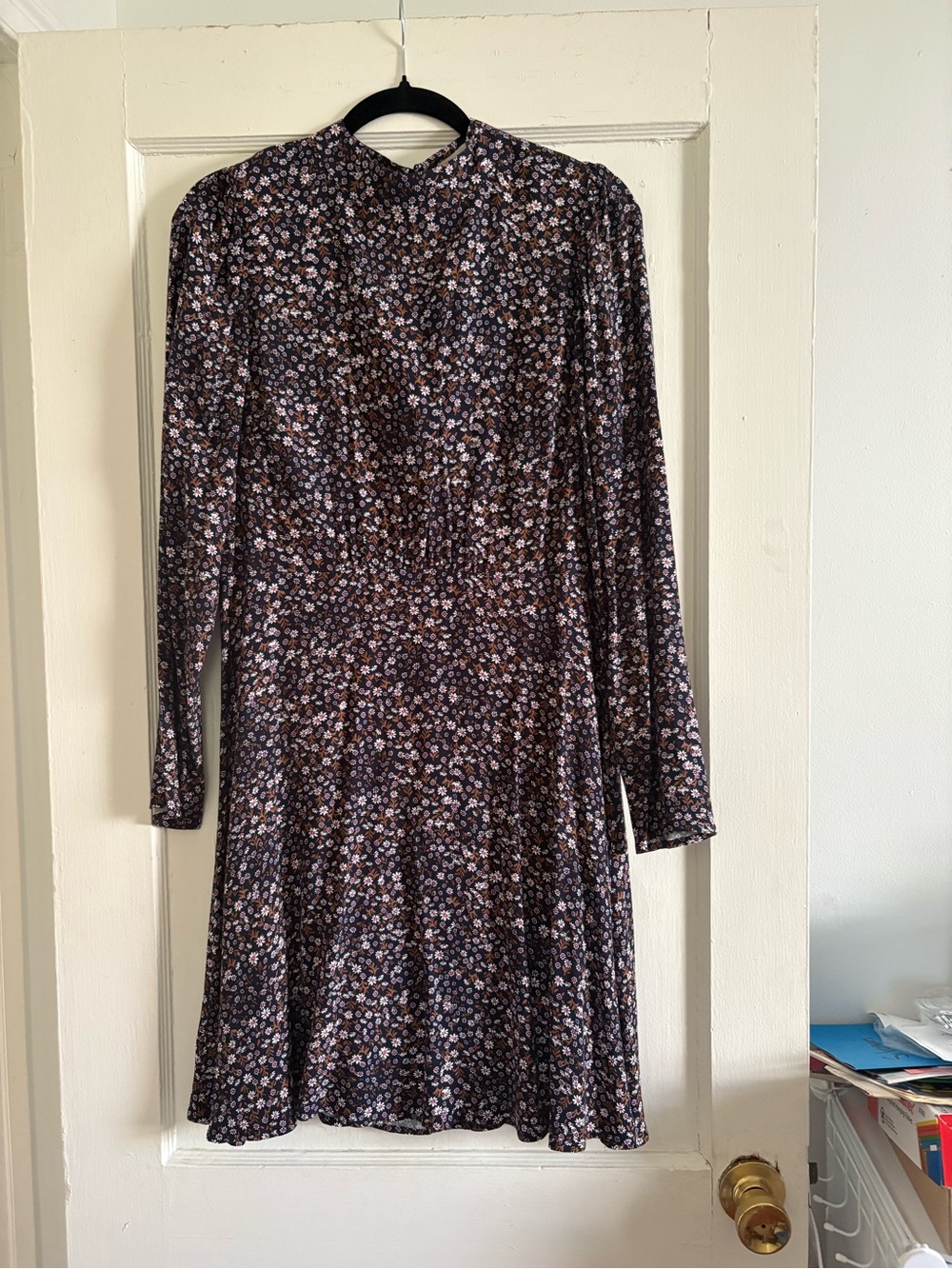 LOFT Floral Long-Sleeve A-Line Dress - Black Multi